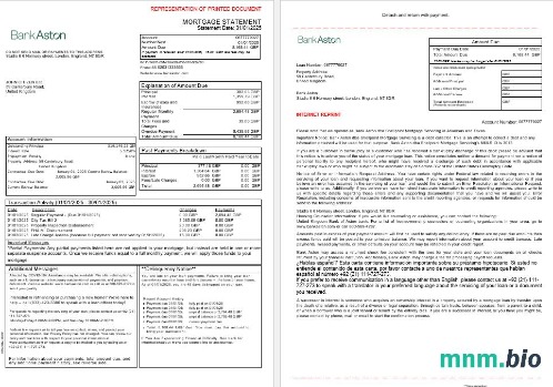Zjednoczone Królestwo Bank of Aston wyciąg z kredytu hipotecznego w formatach Word i PDF, 3 strony 1-2